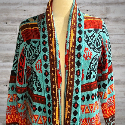 Southwestern Print Long Blanket Cardigan In Turquoise