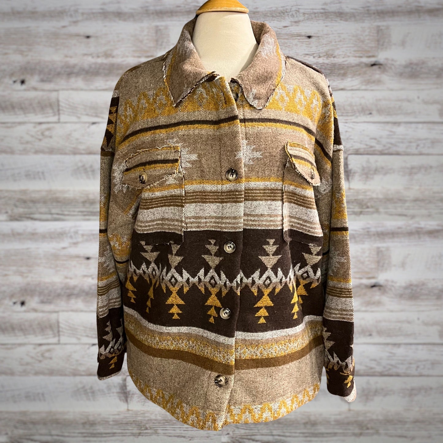 Southwestern Print Fleece Blanket Shacket in Mocha and Mustard