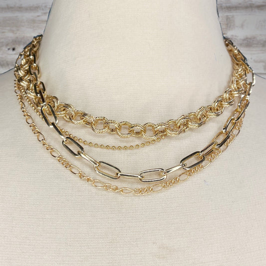 Gold Tone Layered Chain Link Choker Necklace