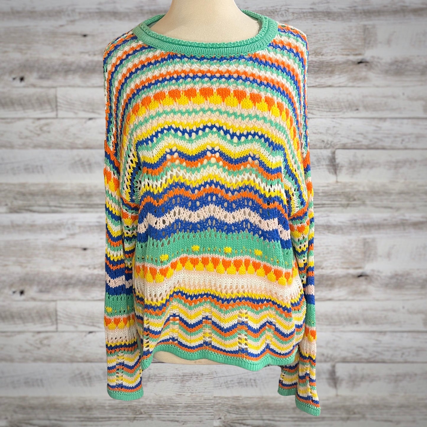 Free Spirit Colorful Crochet Knit Pullover with Bell Sleeves