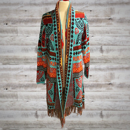 Southwestern Print Long Blanket Cardigan In Turquoise