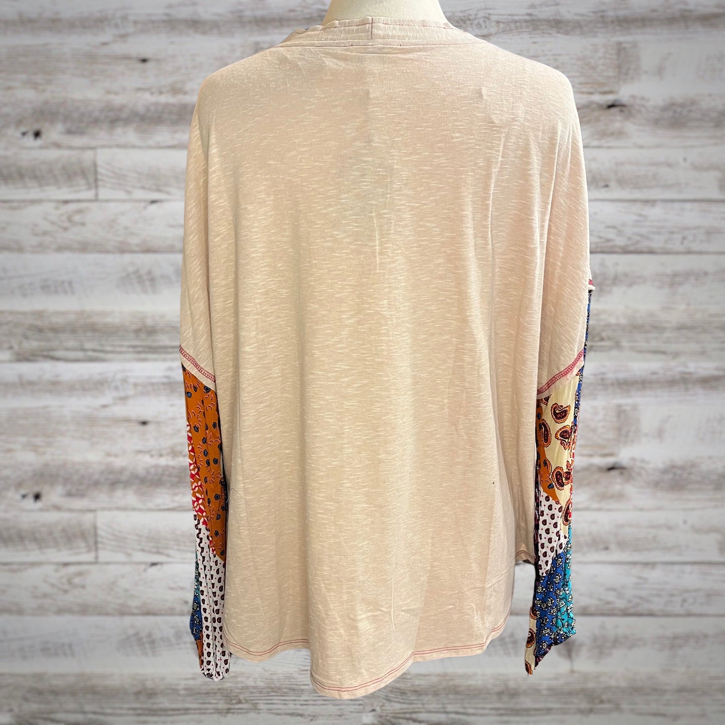 Beige Tie Front Top with Patchwork Long Sleeves