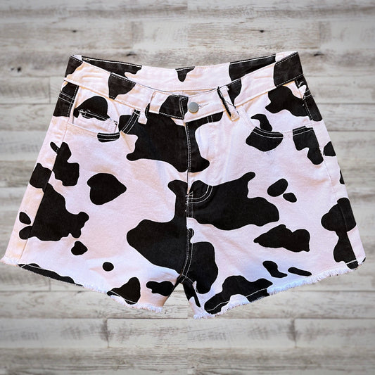 Yee-Haw Cow Print High Rise Denim Shorts