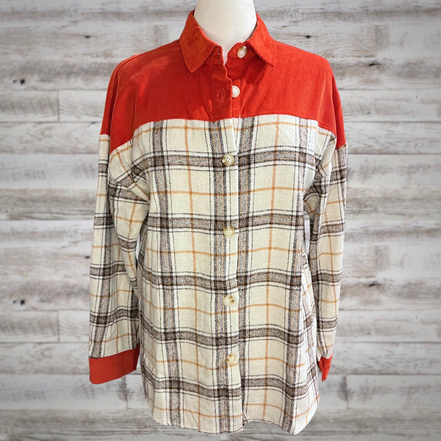 Fleece Plaid Shacket with Orange Corduroy