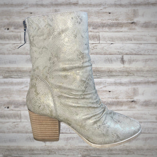 Very G Platinum Snakeskin Block Heel Mid Calf Booties