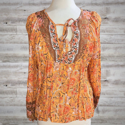 Romantic Floral Tie Neck Peasant Blouse in Dreamsicle
