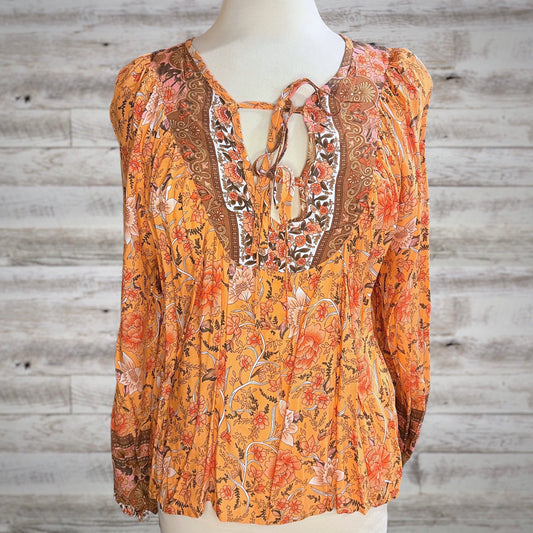 Romantic Floral Tie Neck Peasant Blouse in Dreamsicle