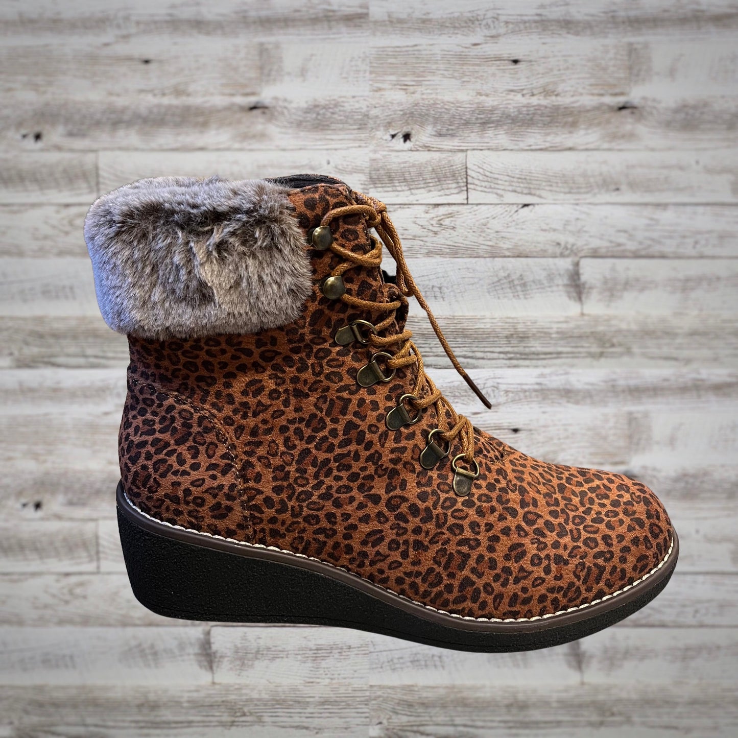 Corky's Foxy Leopard Print Mid Wedge Booties with Fur Trim