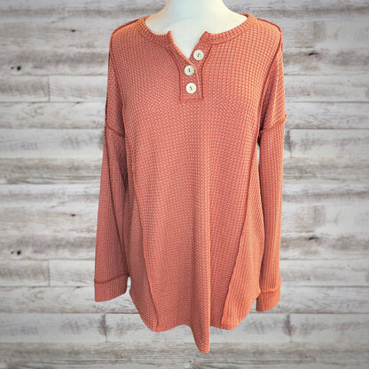 PLUS Waffle Knit Long Sleeve Henley Top in Vermillion