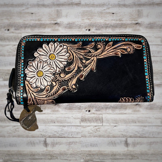 Myra Bag Writzer Daisy Tooled Dark Leather Zip Around Wallet