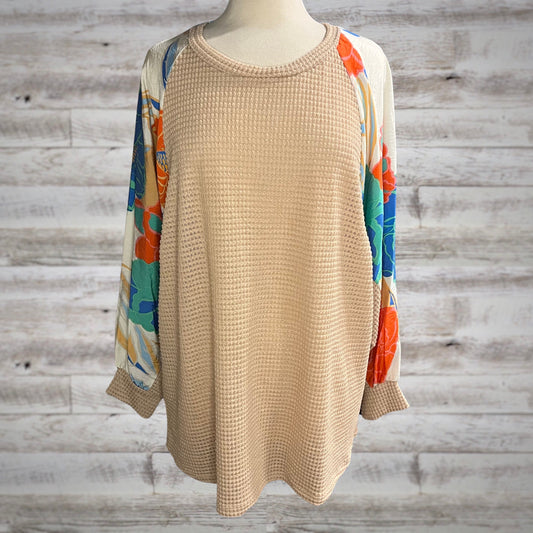 PLUS Summer Floral Waffle Knit Dolman Sleeve Top in Beige