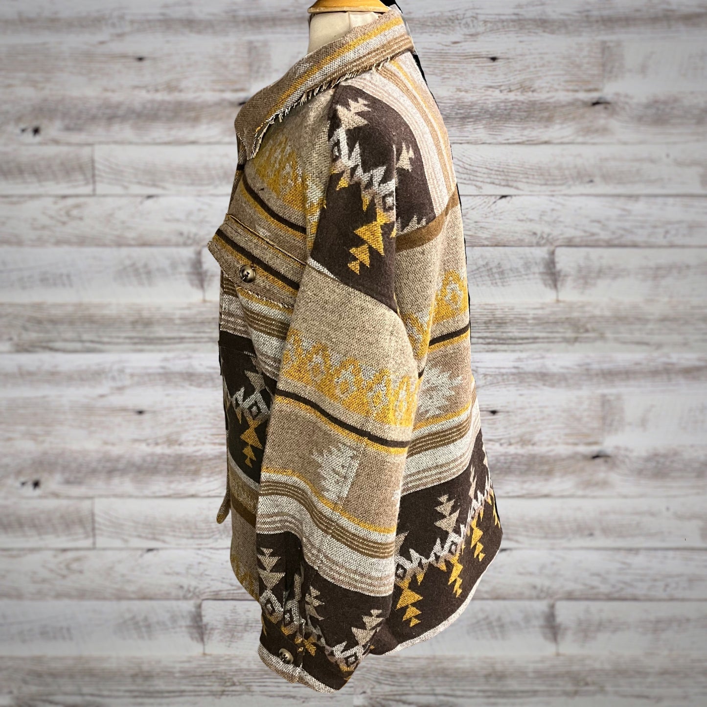 Southwestern Print Fleece Blanket Shacket in Mocha and Mustard