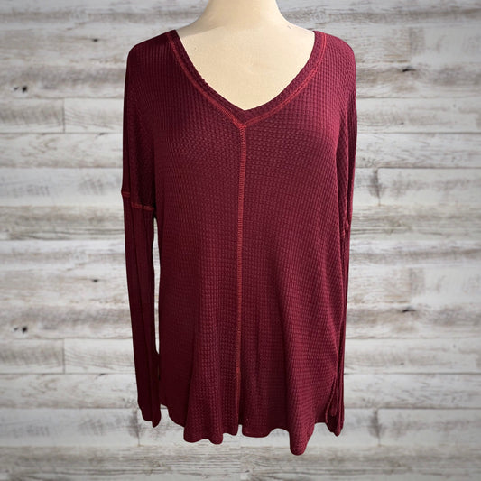 Waffle Knit Long Sleeve Basic Thermal Top in Burgundy