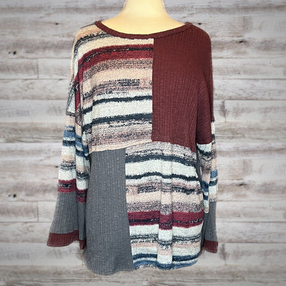 Mixed Stripe Print Lightweight Ribbed Knit Top