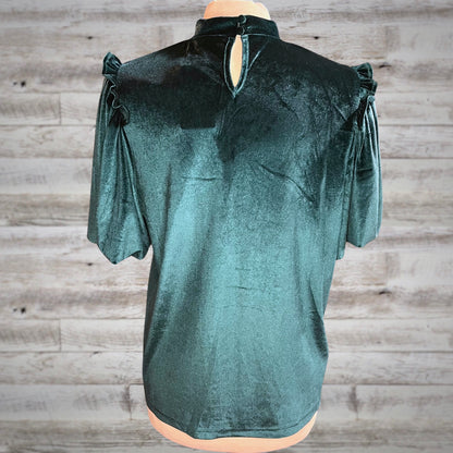 Luxe Velvet High Neck Puff Sleeve Top in Emerald