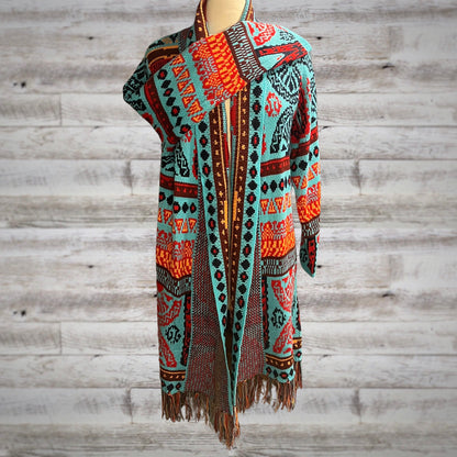 Southwestern Print Long Blanket Cardigan In Turquoise