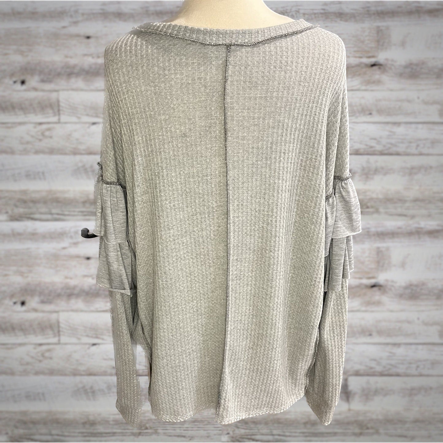 Ruffled Waffle Knit Long Sleeve Top in Ash