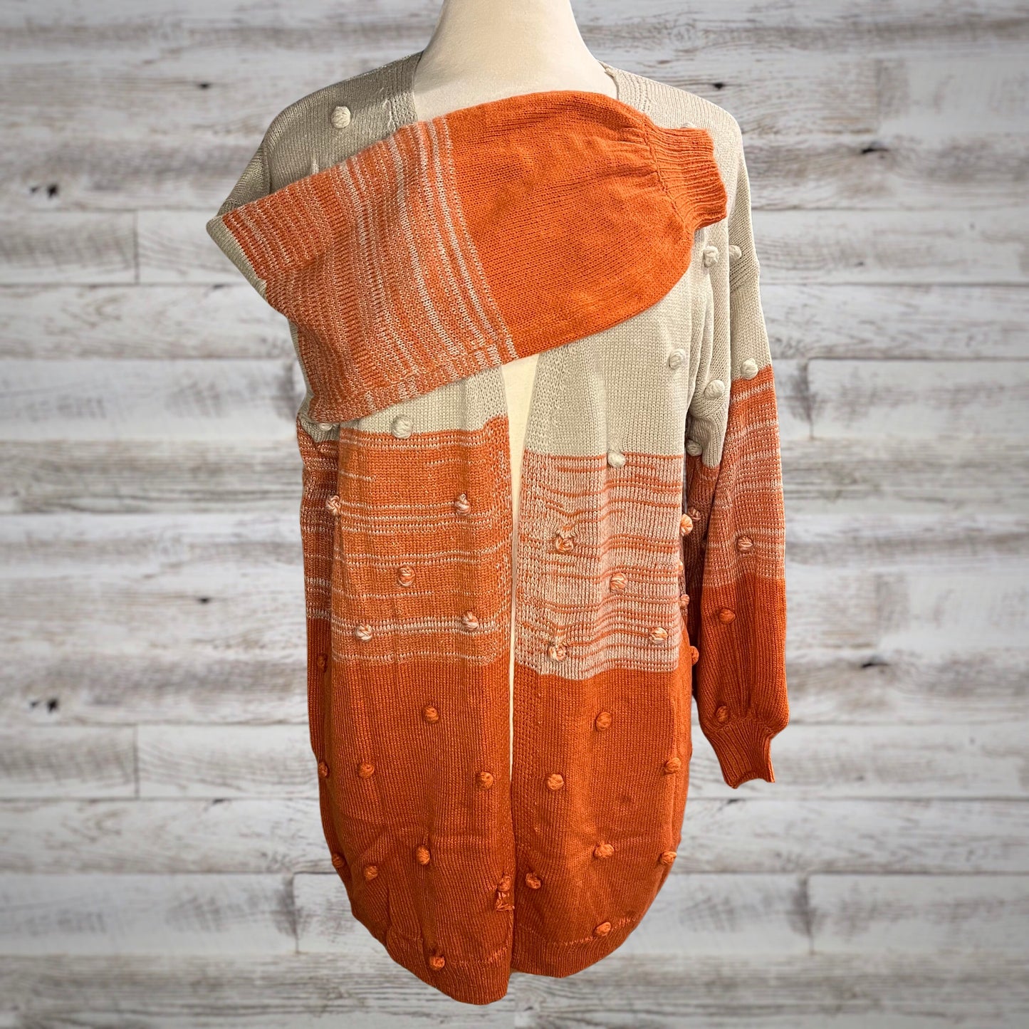 Gradient Pom Pom Lightweight Knit Open Cardigan in Orange/Taupe