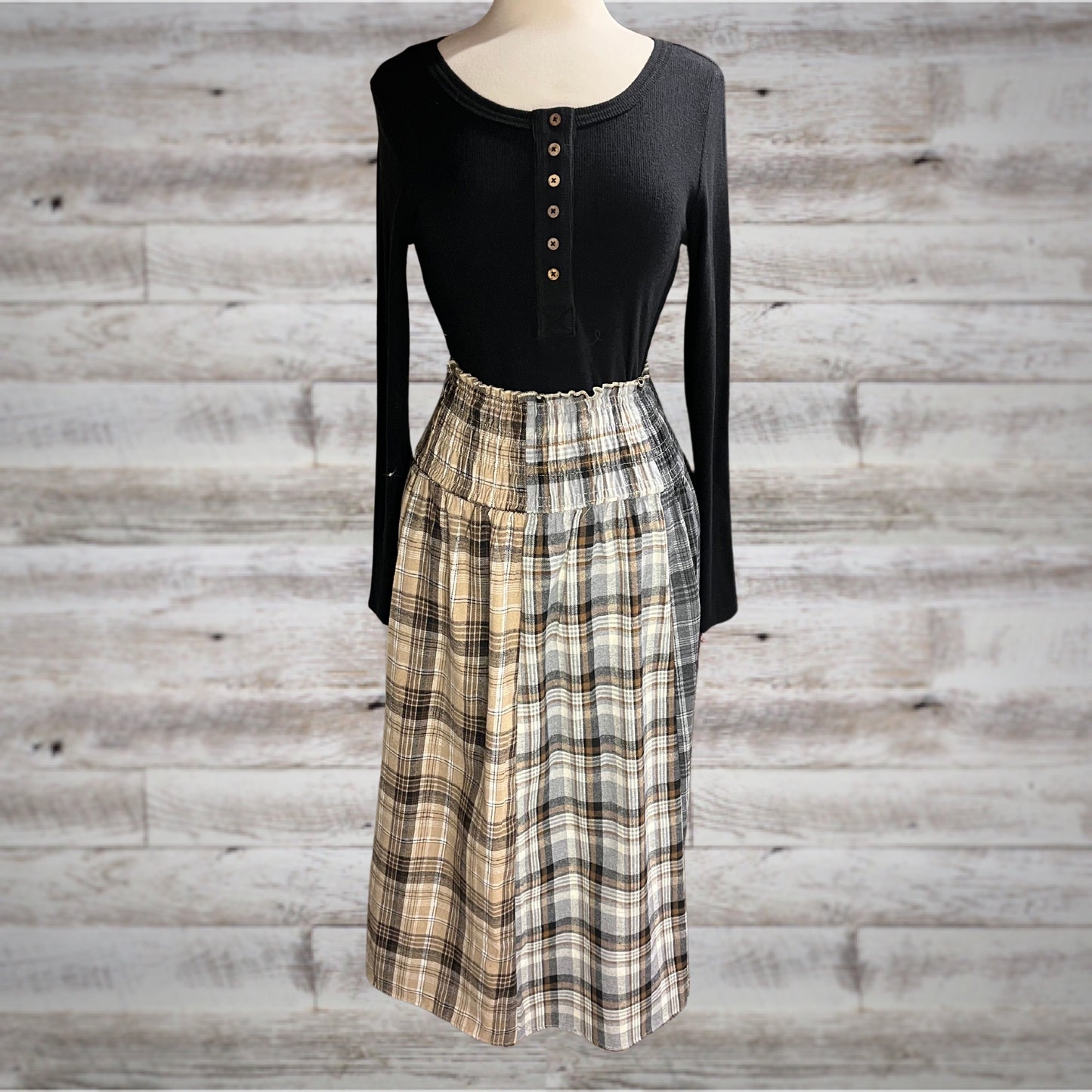 On Trend Split Plaid Flannel Maxi Skirt in Taupe