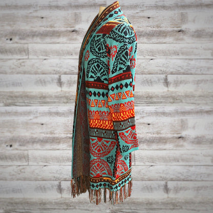 Southwestern Print Long Blanket Cardigan In Turquoise