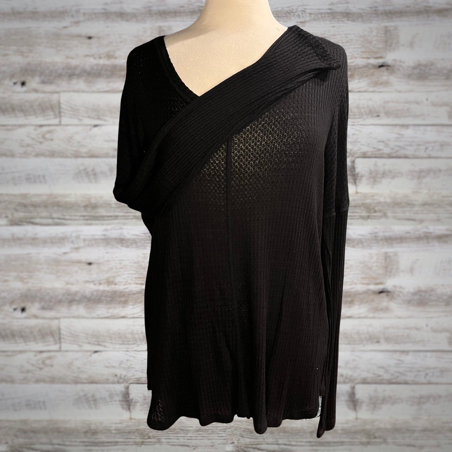 Waffle Knit Long Sleeve Basic Thermal Top in Black