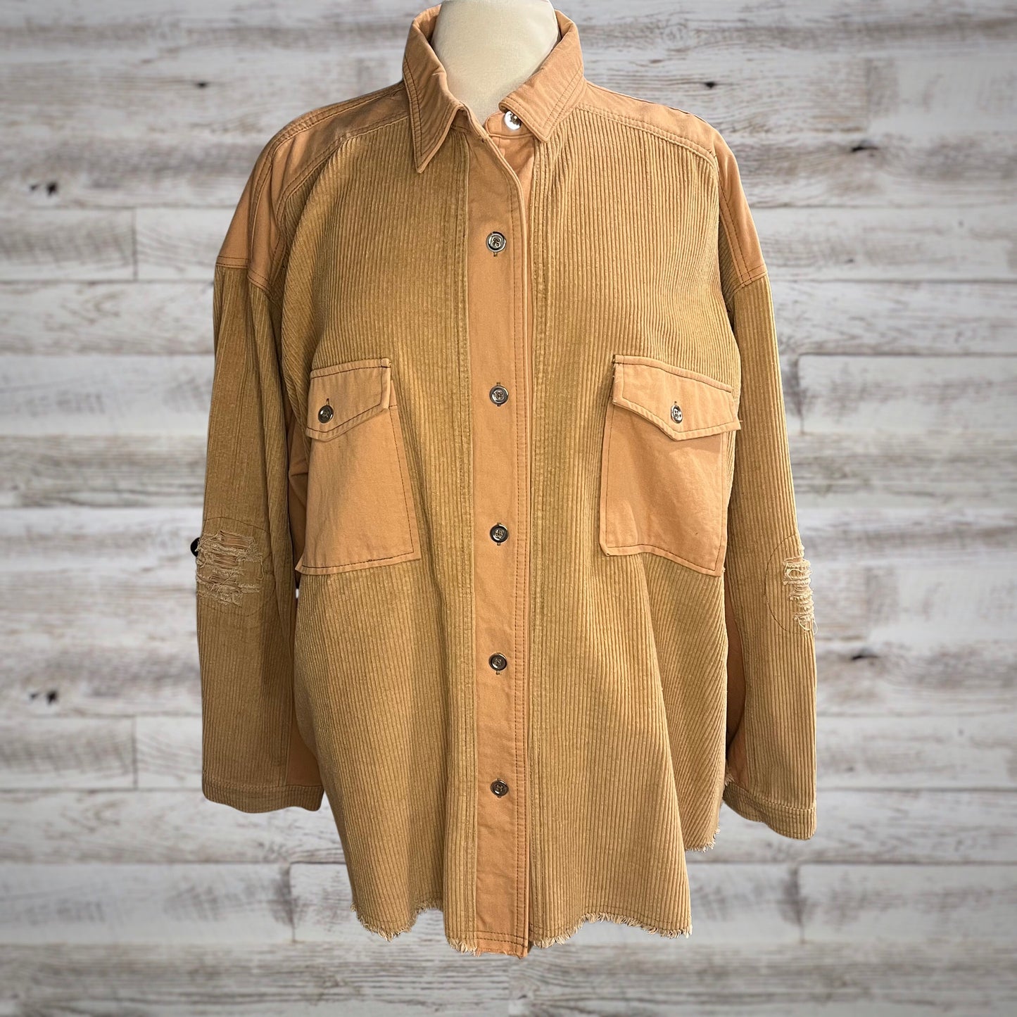 PLUS Corduroy and Twill Distressed Shacket in Camel