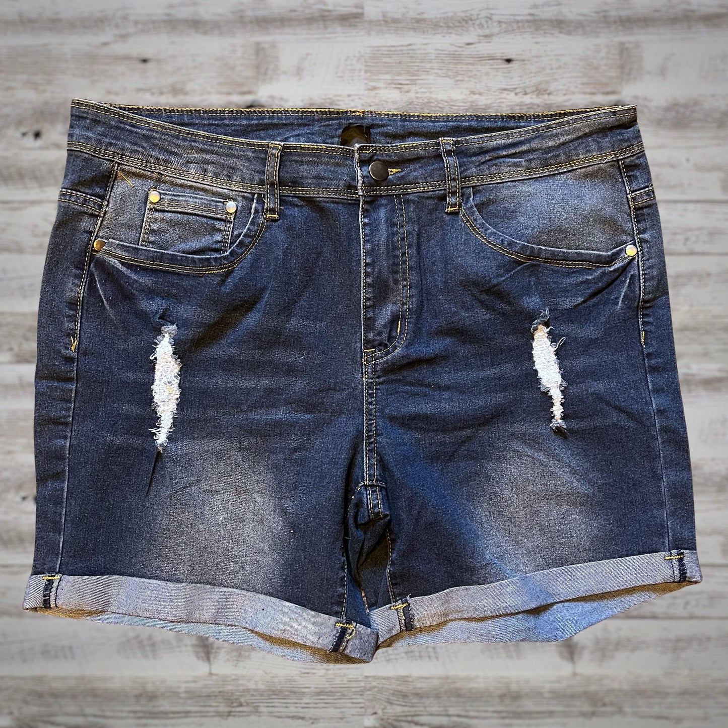 PLUS High Rise Distressed Flex Denim Shorts in Dark Wash