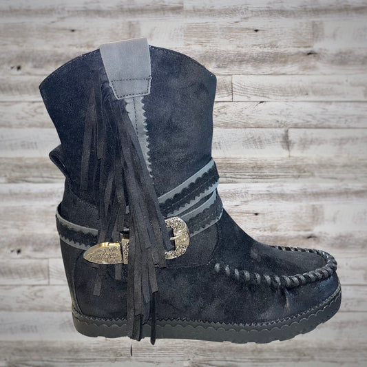 Very G Western Fringe Moc Toe Wedge Booties in Black Suede