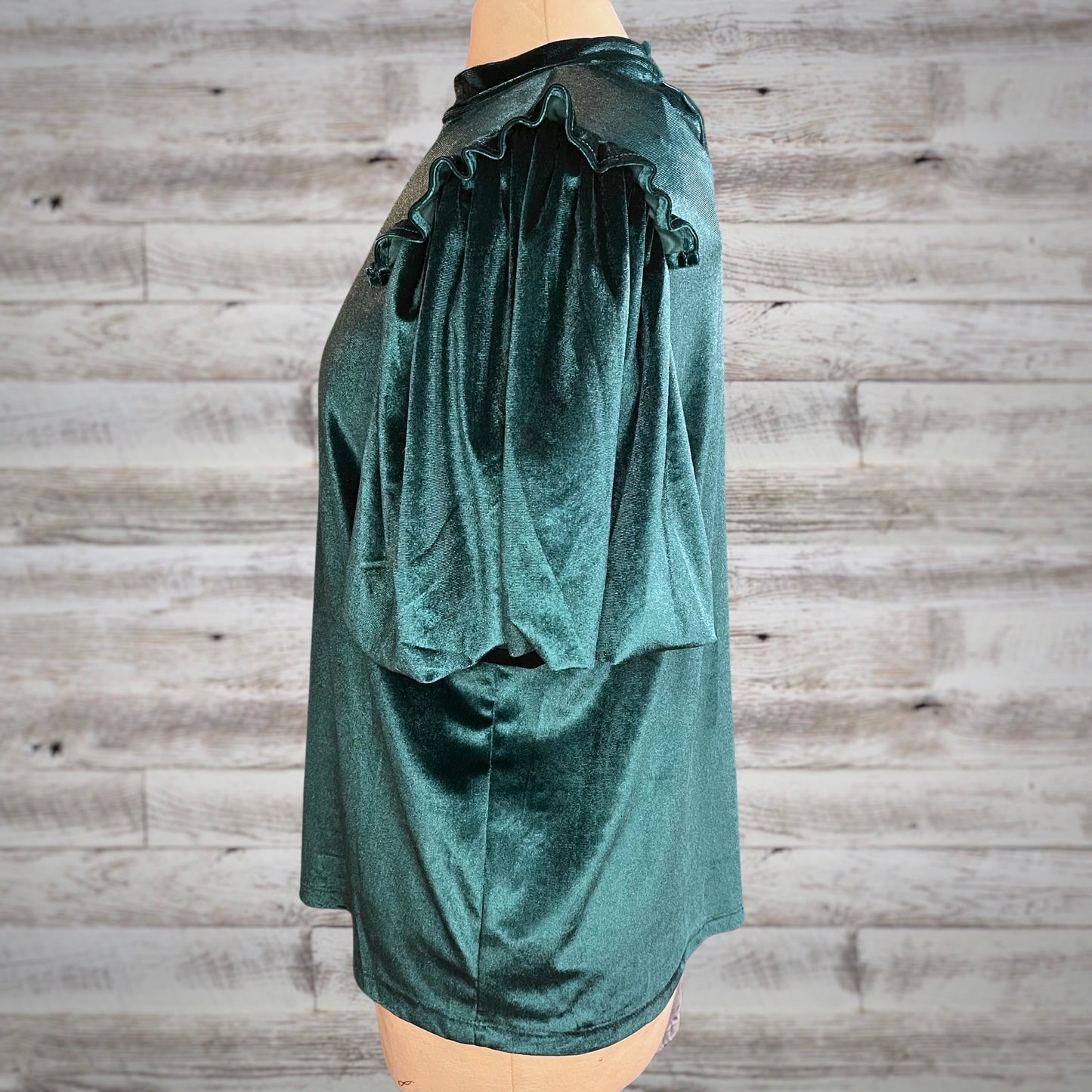 Luxe Velvet High Neck Puff Sleeve Top in Emerald