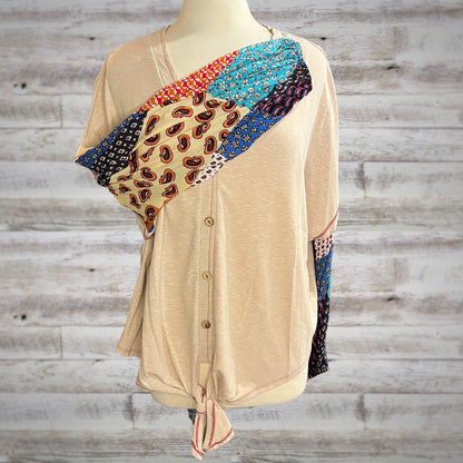 Beige Tie Front Top with Patchwork Long Sleeves