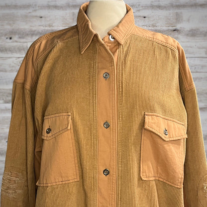 PLUS Corduroy and Twill Distressed Shacket in Camel