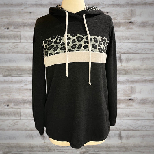 Terry Cloth Hoodie with Leopard Print Stripe