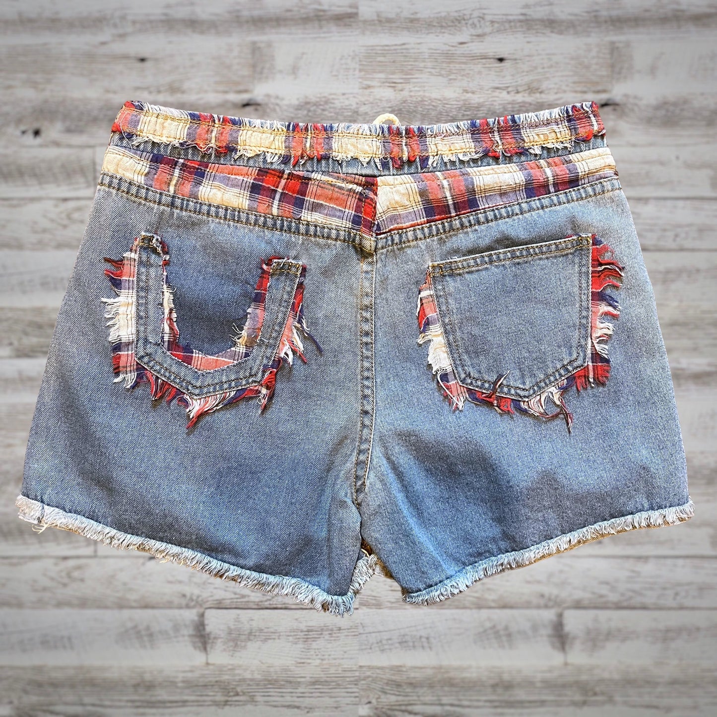 POL Summer Nights Plaid Patch Drawstring Denim Shorts