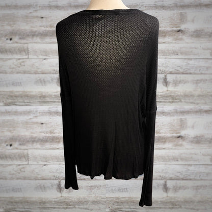 Waffle Knit Long Sleeve Basic Thermal Top in Black