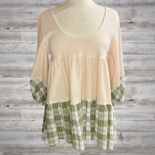 POL Sweet Waffle Knit Babydoll Tunic with Plaid Trim