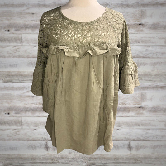 Cotton Lace Yoke Ruffle Sleeve Top in Olive