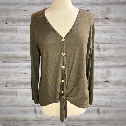 Super Soft Button Down Tied Long Sleeve Top in Olive