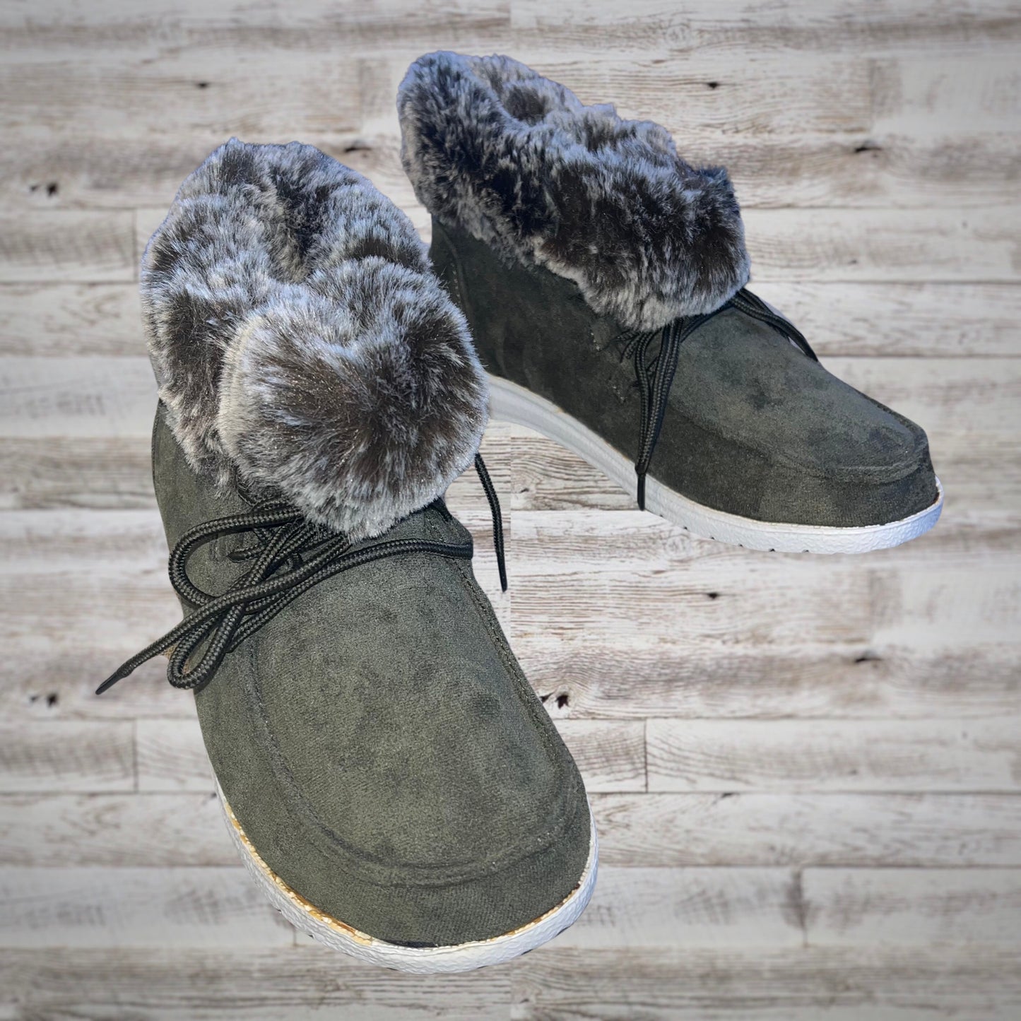 Gypsy Jazz Fur Lined Lace Up Booties in Solid Olive