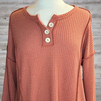 PLUS Waffle Knit Long Sleeve Henley Top in Vermillion