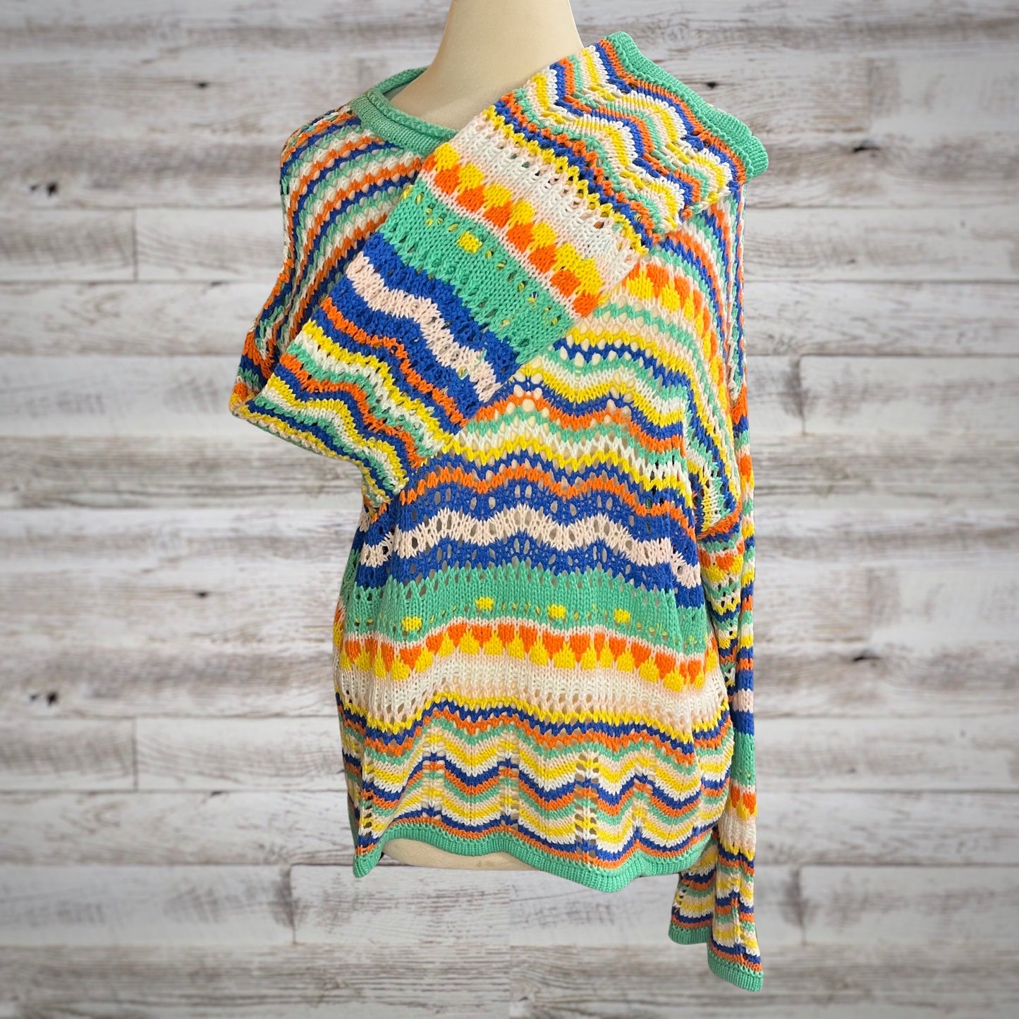 Free Spirit Colorful Crochet Knit Pullover with Bell Sleeves
