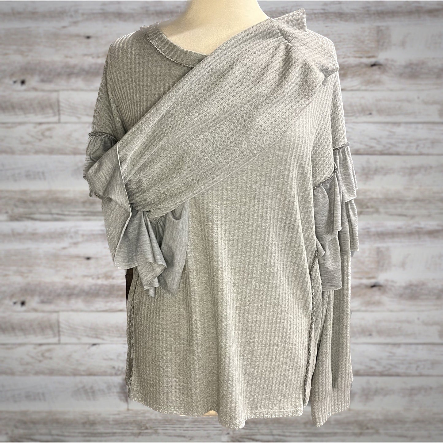 Ruffled Waffle Knit Long Sleeve Top in Ash