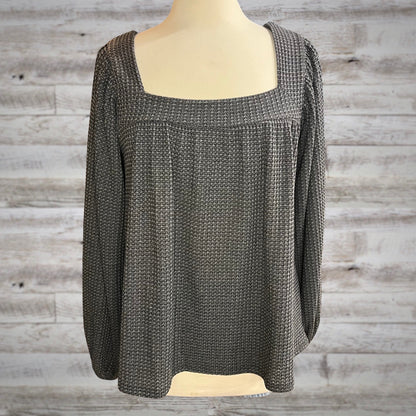 Black Waffle Knit Square Neck Top with Balloon Sleeves