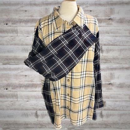 PLUS High Low Colorblock Plaid Flannel Shirt in Neutral Navy/Beige