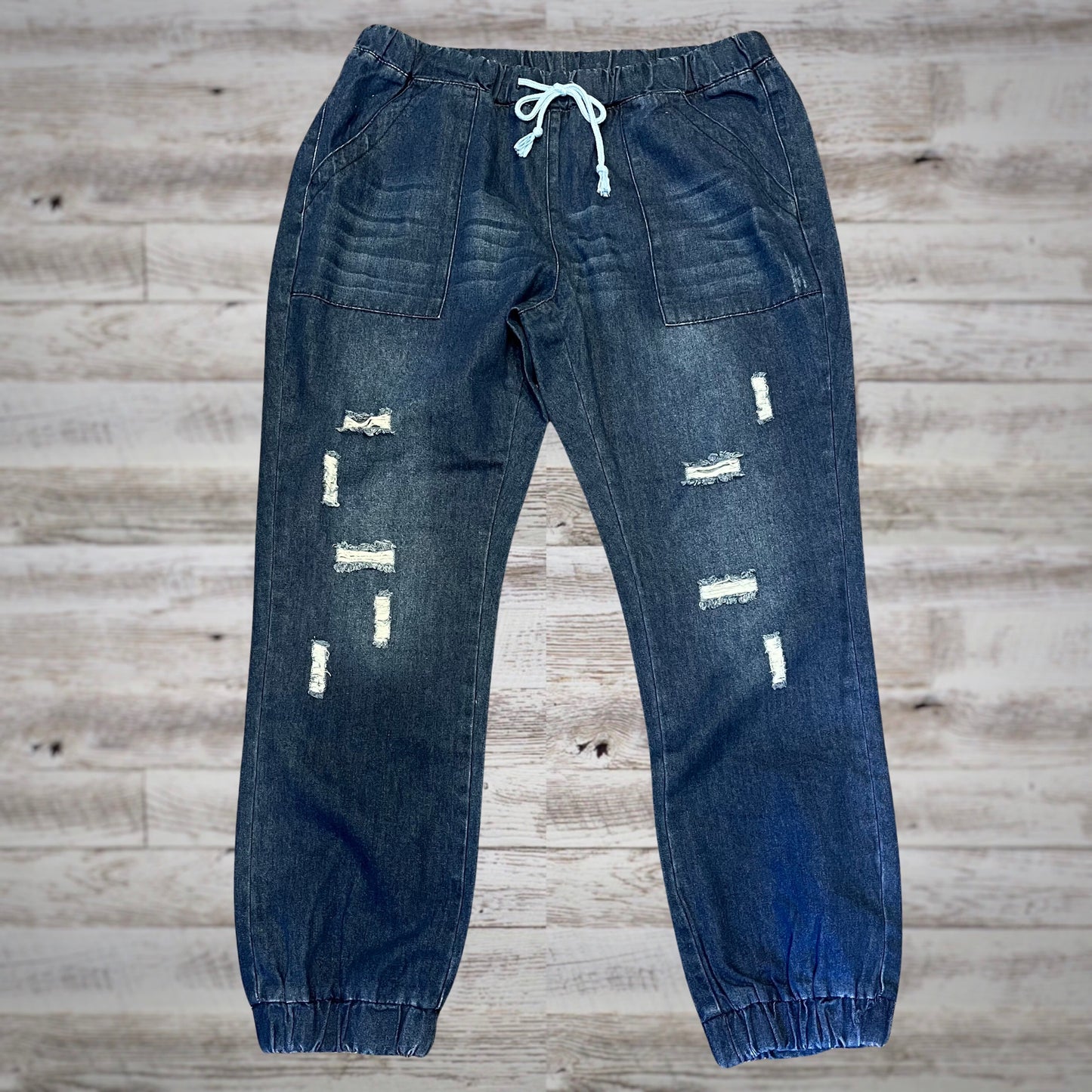 PLUS Distressed Dark Wash Elastic Waist Denim Joggers