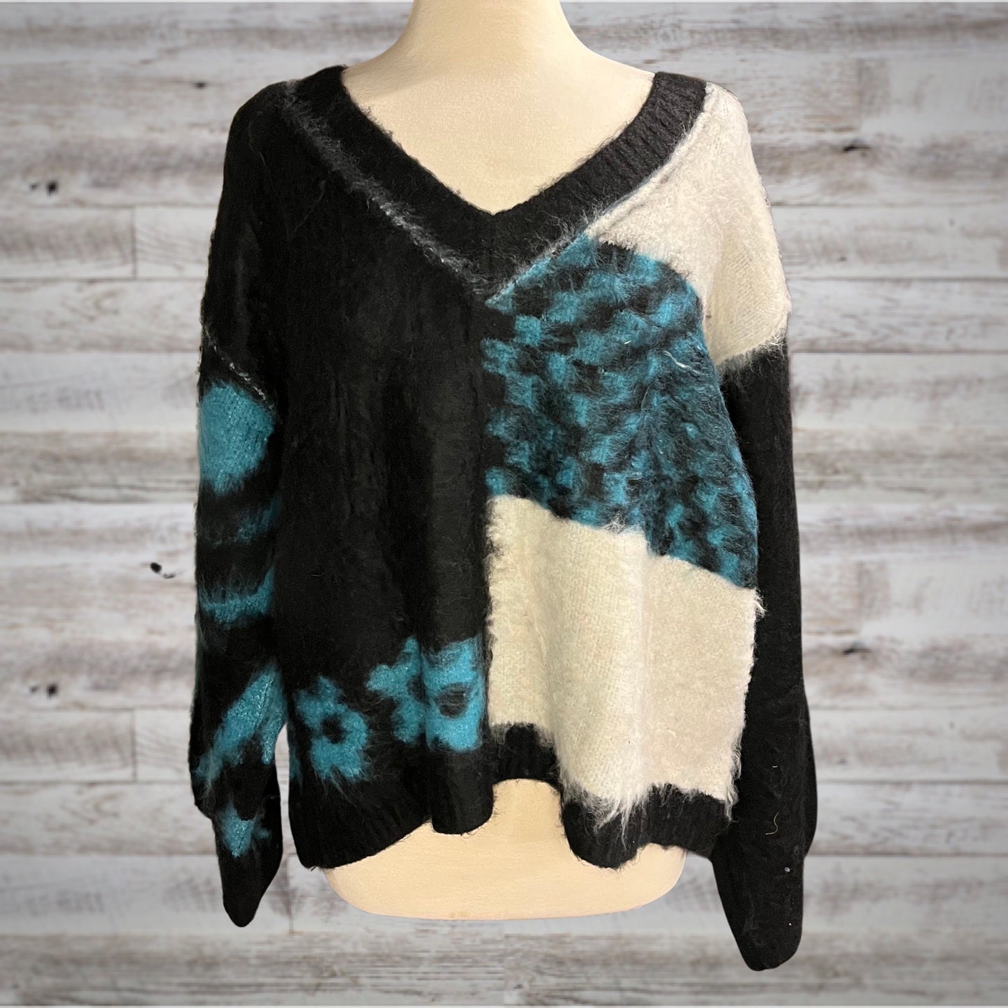 POL All Mixed Up V Neck Oversized Fuzzy Sweater