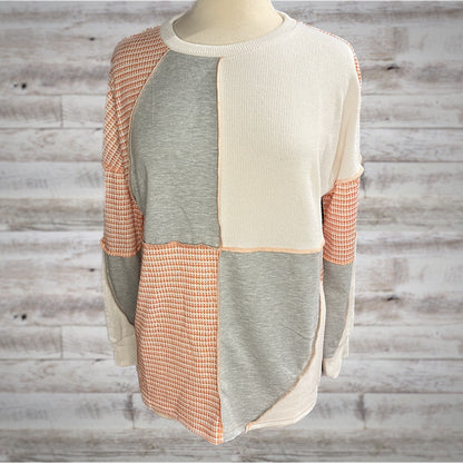 Colorblock Orange & Gray Waffle Knit Pullover