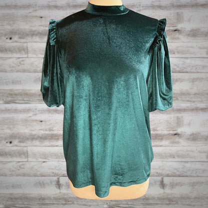 Luxe Velvet High Neck Puff Sleeve Top in Emerald