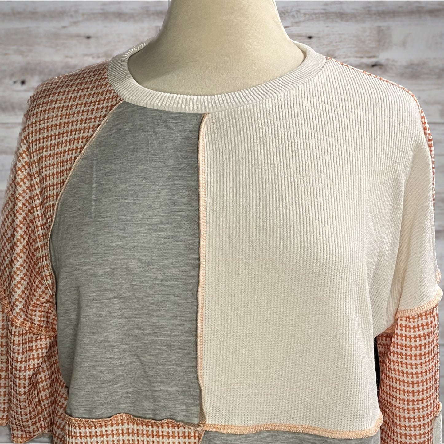 Colorblock Orange & Gray Waffle Knit Pullover