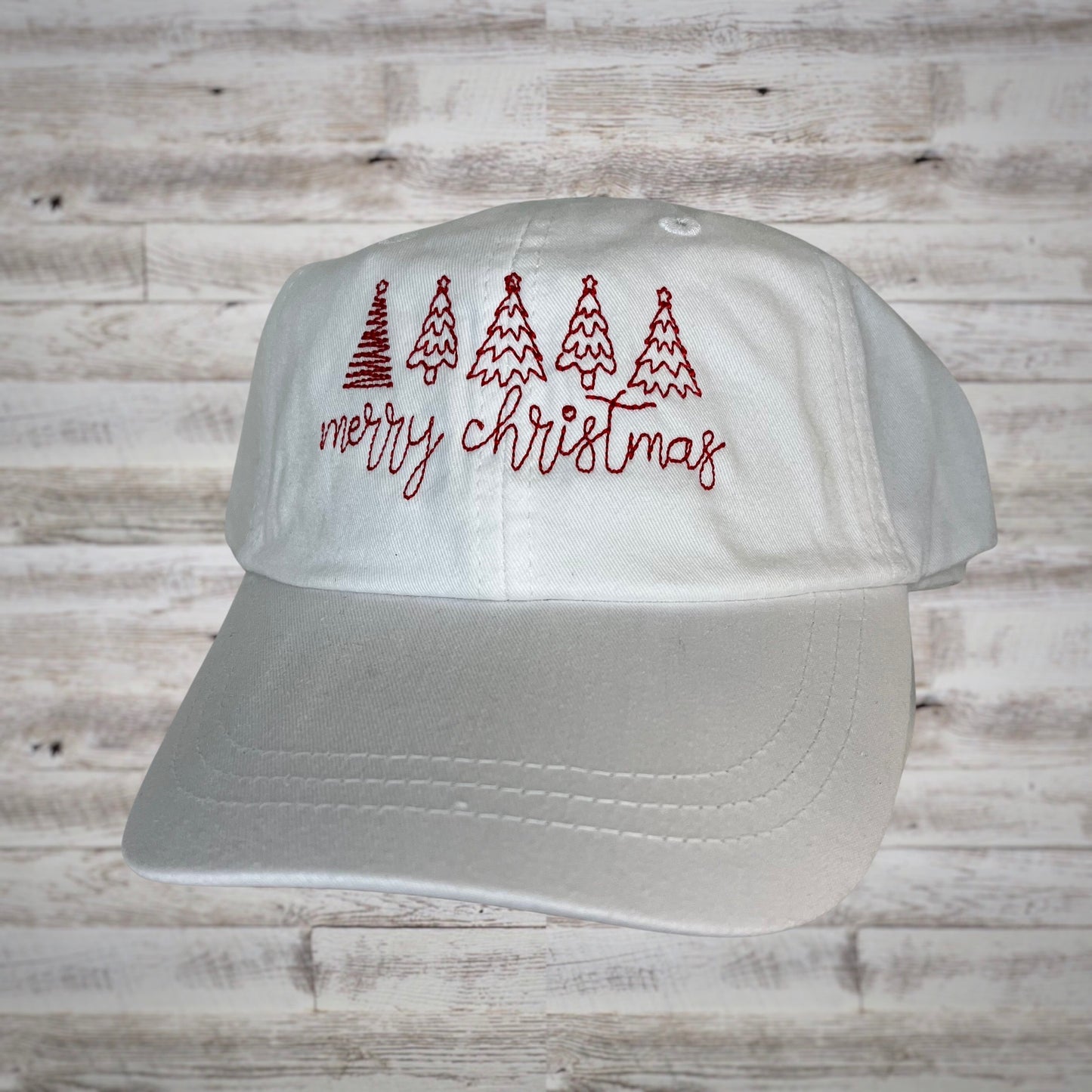 Embroidered "Merry Christmas" Ball Cap in White/Red