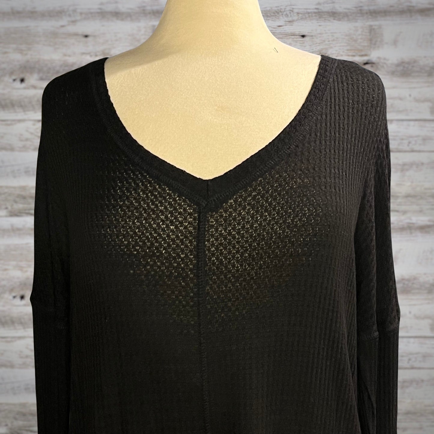 Waffle Knit Long Sleeve Basic Thermal Top in Black